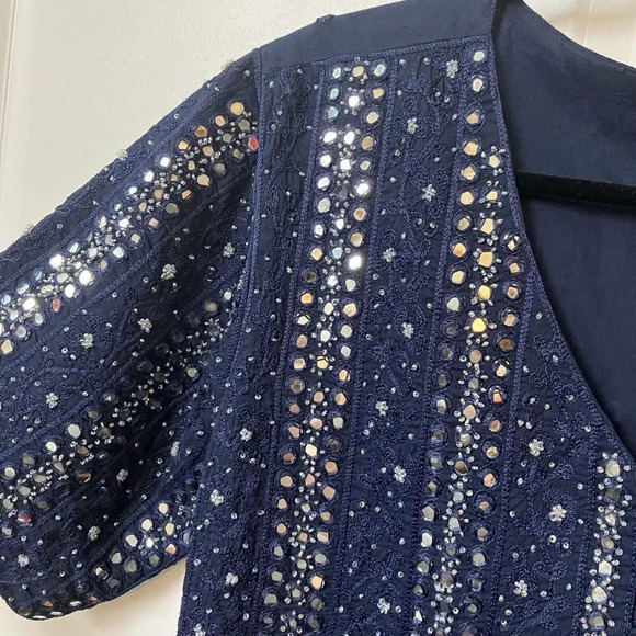 Vintage April Cornell Maxi Dress Womens M Navy Blue Mirror Beaded Cotton Rayon - Picture 5 of 6